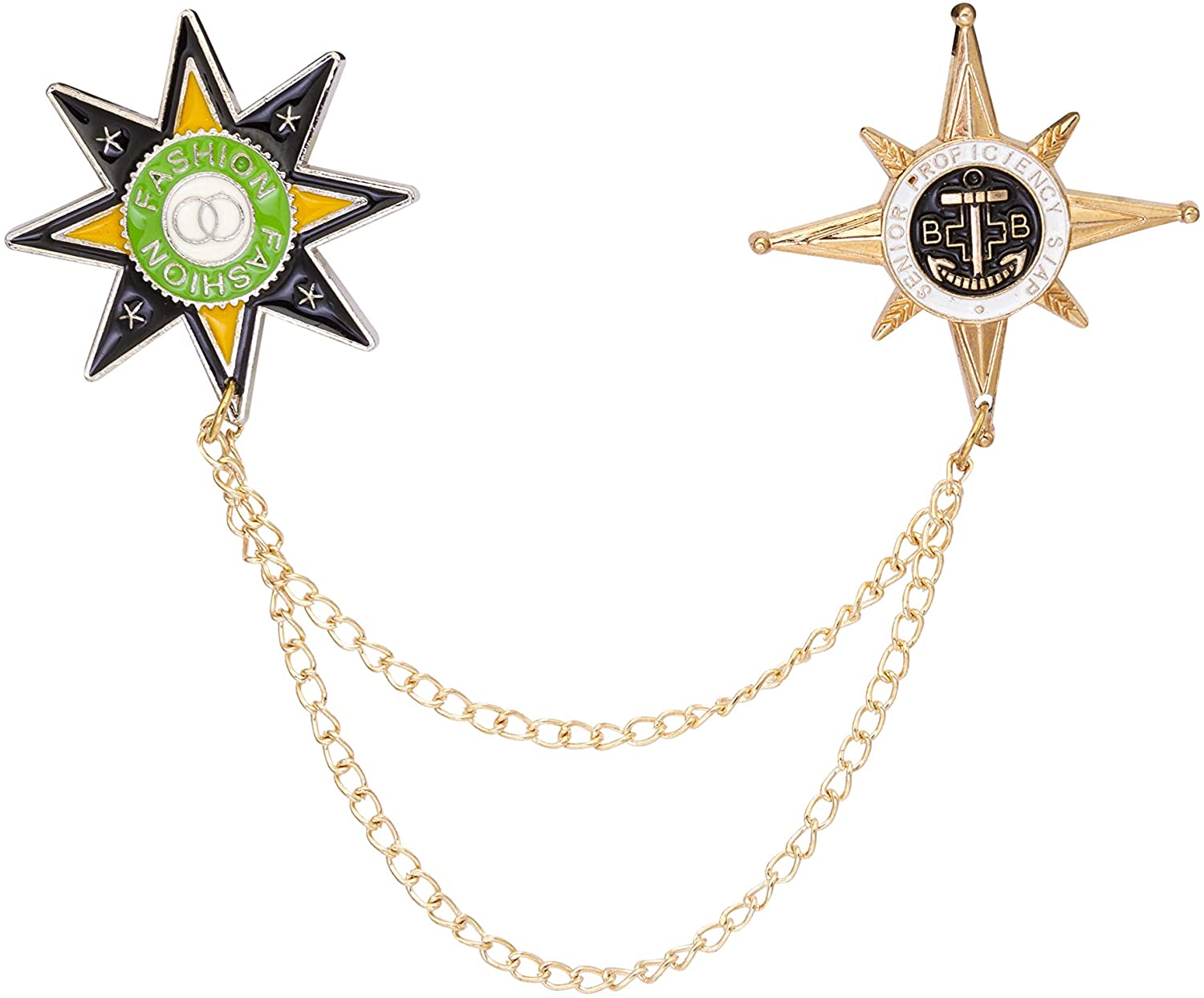 Brooch Lapel Pin for Men Black Yellow Green Star with Hanging Chain and Anchor Symbol Star Lapel Pin Badge Coat Suit Wedding Gift Party Shirt Collar Accessories