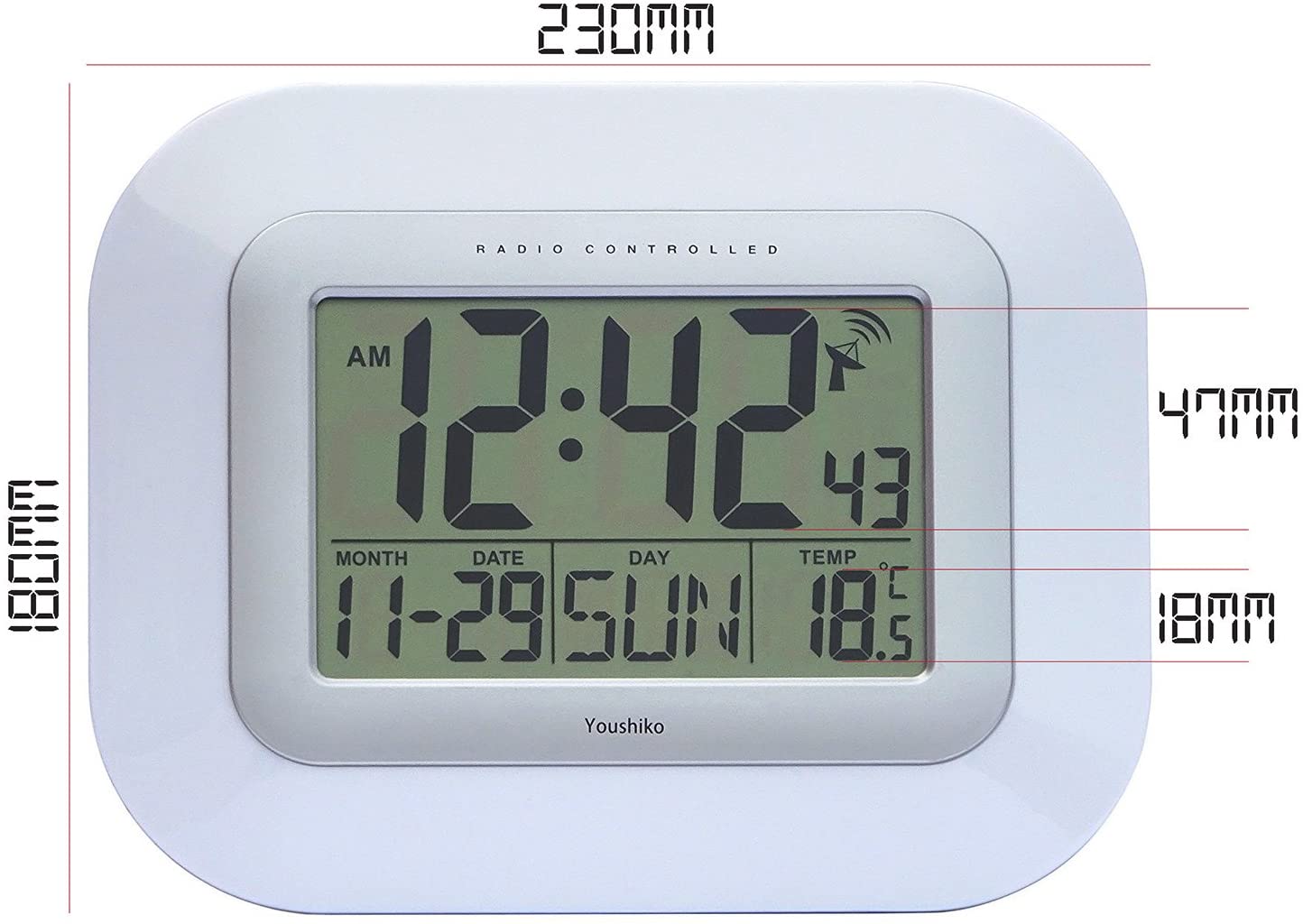 Youshiko Radio Controlled LCD Wall Mountable and Desk Clock (UK & Ireland Version) Jumbo LCD, White, 23cm (W) x 3cm (H) x 18cm (D) - Image 4