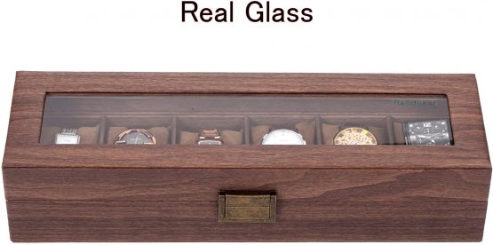 Readaeer Watch Storage Box, Watches Case, Watch Box made of PU Leather in Wood Grain and Wood Plastic Plate, with Real Glass Top (Brown, Small-6 Slots) - Image 3