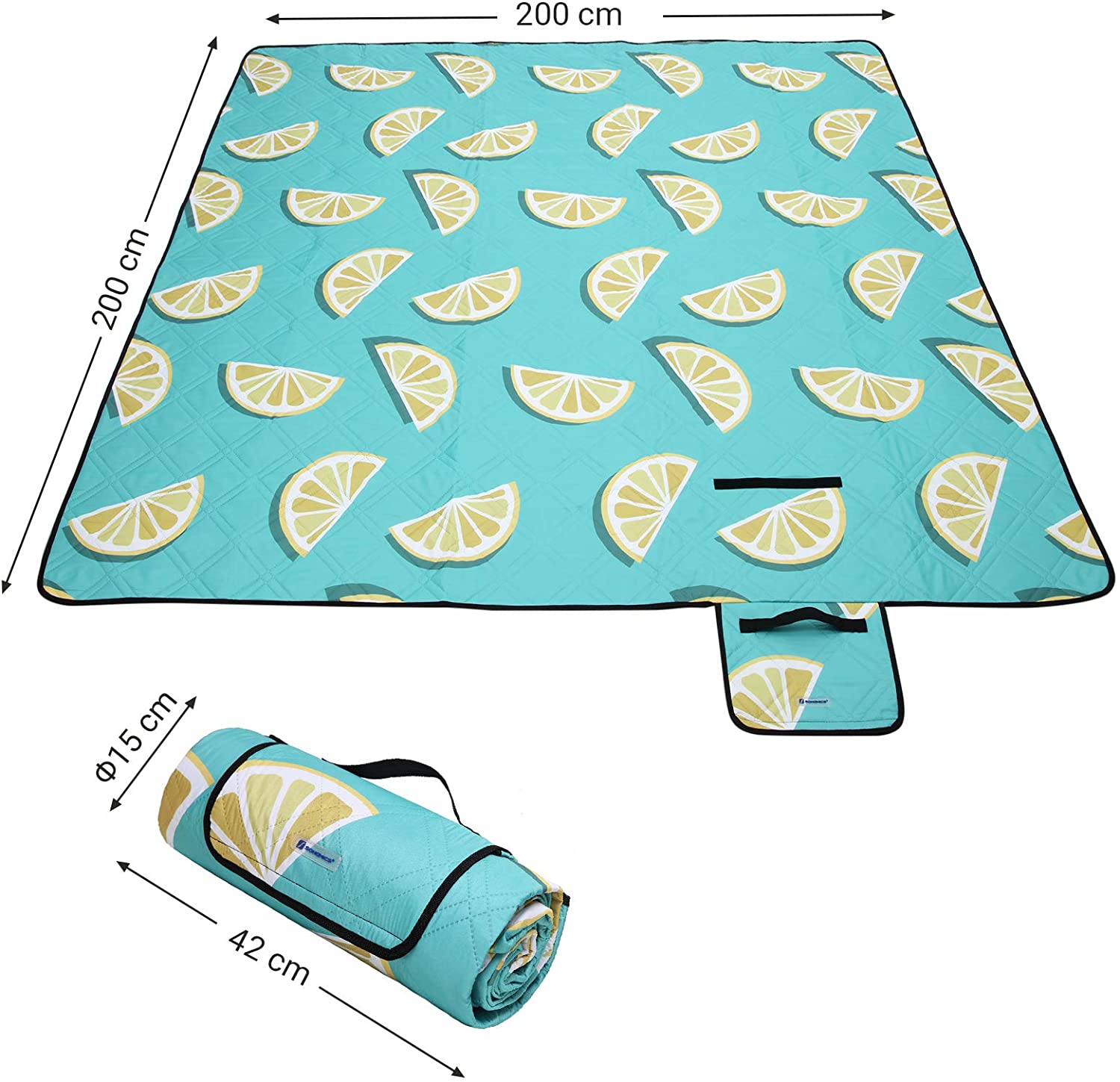 SONGMICS Picnic Blanket Foldable Yard Large Camping Picnic Rug and Mat for Beach Outdoors with Waterproof Layer Park Machine Washable 200 x 200 cm Lemon Pattern GCM87YJ
