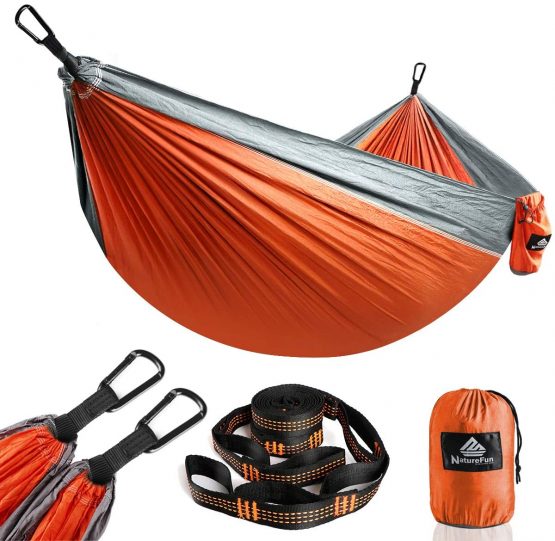 NATUREFUN Ultra-Light Travel Camping Hammock | 300kg Load Capacity,(275 x 140 cm) Breathable,Quick-drying Parachute Nylon | 2 x Premium Carabiners,2 x Nylon Slings Included | Outdoor Indoor Garden