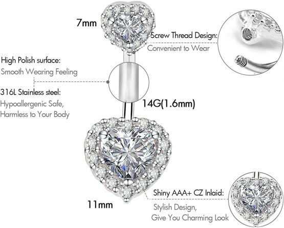 OUFER 14G Belly Bars 8/12/14mm Double Heart Cubic Zirconia Belly Button Ring 316L Surgical Steel Short Long Navle Piercings Body Jewellery Women Gifts - Image 3