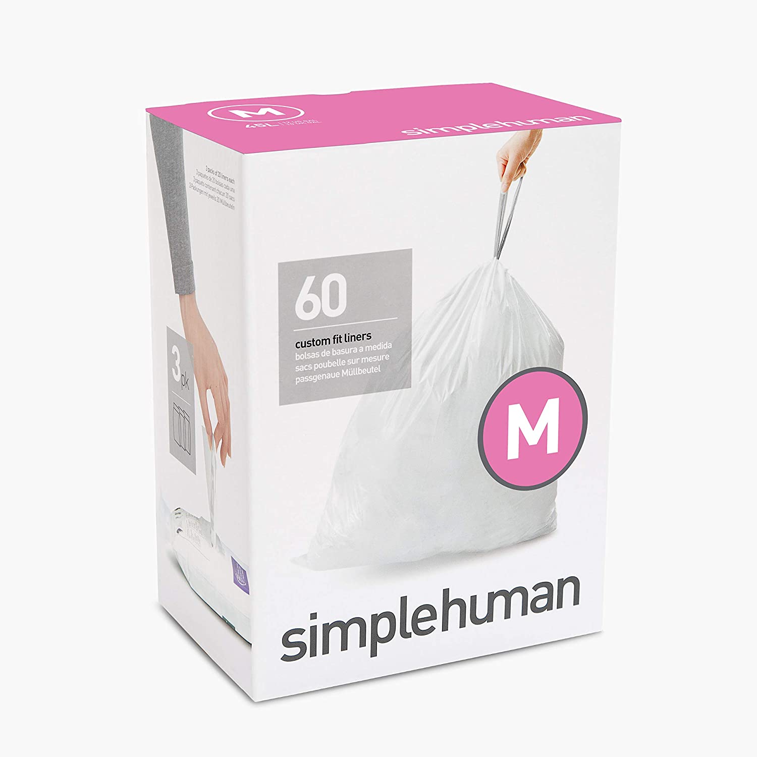 simplehuman CW0261 code M Custom Fit Bin Liner Bulk Pack, White Plastic (3 Pack of 20, Total 60 Liners), 60 count (Pack of 1)