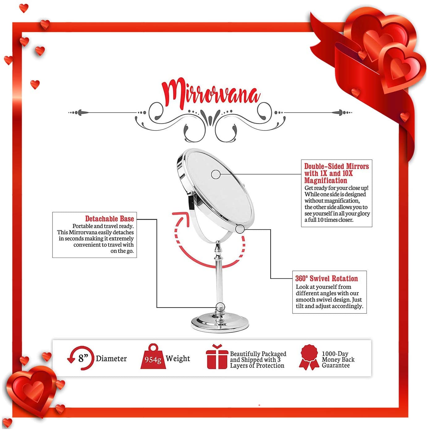 MIRRORVANA Large 10X Magnifying Makeup Mirror on Stand for Bedroom and Bathroom Classic Free Standing Round Table Mirror with Double Sided 10X/1X Magnification - Image 3