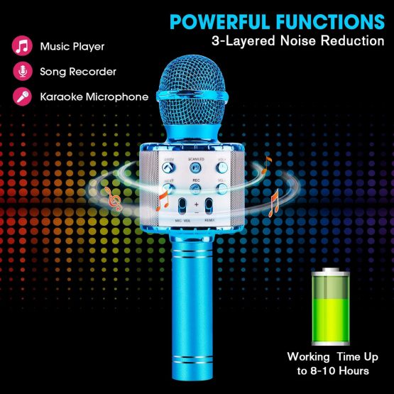 ShinePick Karaoke Bluetooth Microphone, 5 in 1 Recording & Singing Microphone for Kids Adults, Dancing LED Lights Portable Speaker Karaoke Machine, Wireless Microphone for Phone/Pad/TV (Blue) - Image 3