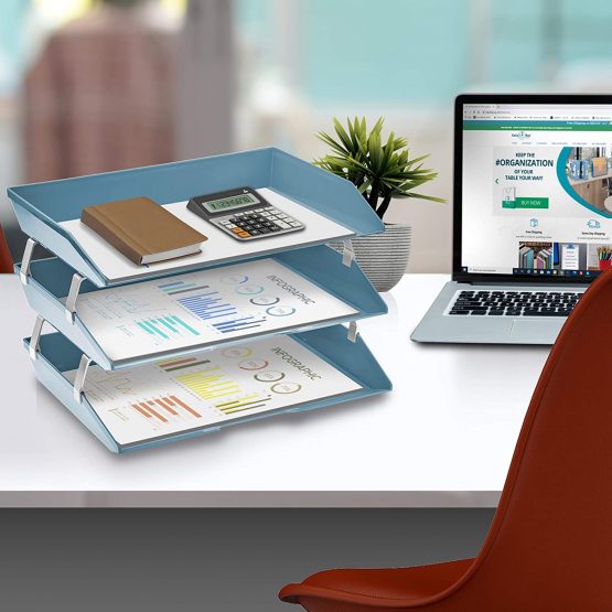 Acrimet Facility 3 Tier Letter Tray A4 Side Load Plastic Desktop File Organizer (Solid Blue Color) - Image 3