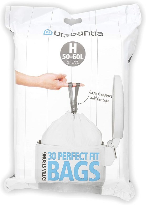 Brabantia PerfectFit Bin Liners (Size H/50-60 Litre) High Quality Thick Plastic Trash Bags with Tie Tape Drawstring Handles (30 Bags)