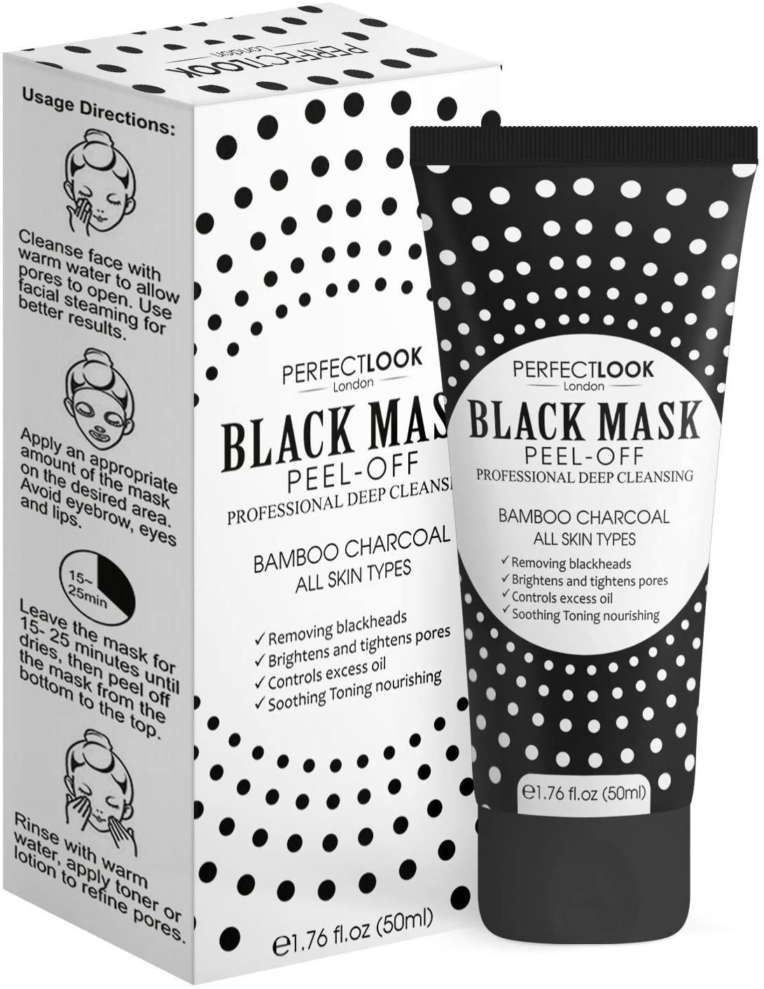 Perfect Look London Peel-Off Face Mask for Blackhead Remover & Acne, Deep Pore Cleanser with Bamboo Charcoal & Kaolin