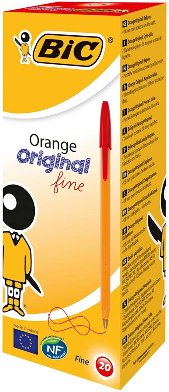 BIC Orange Fine Ballpoint Pens, Fine Point (0.8 mm), Red Ink, Box of 20 - Writing Pens with Long-Lasting Ink