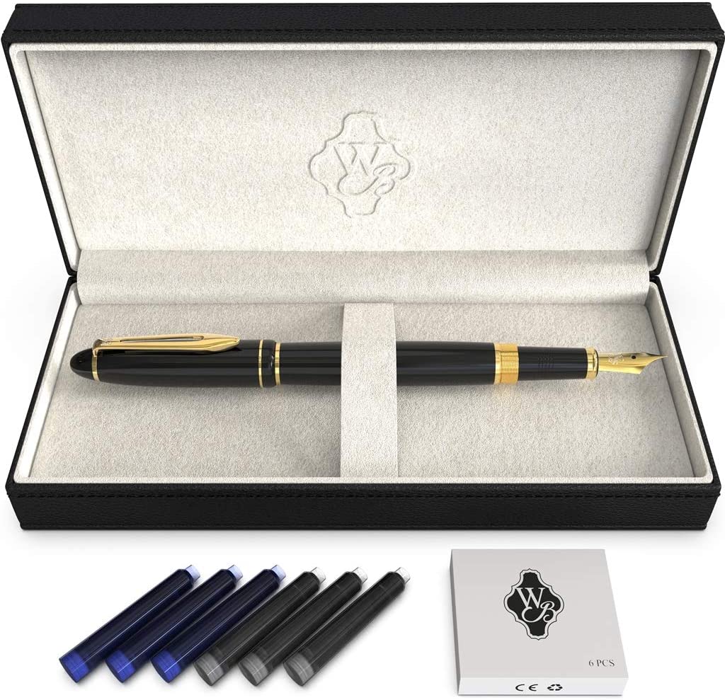 Wordsworth & Black Majesti Fountain Pen-(Black), Luxury Case, Gold Finish, 18K Gilded Medium Nib- Ink Cartridges