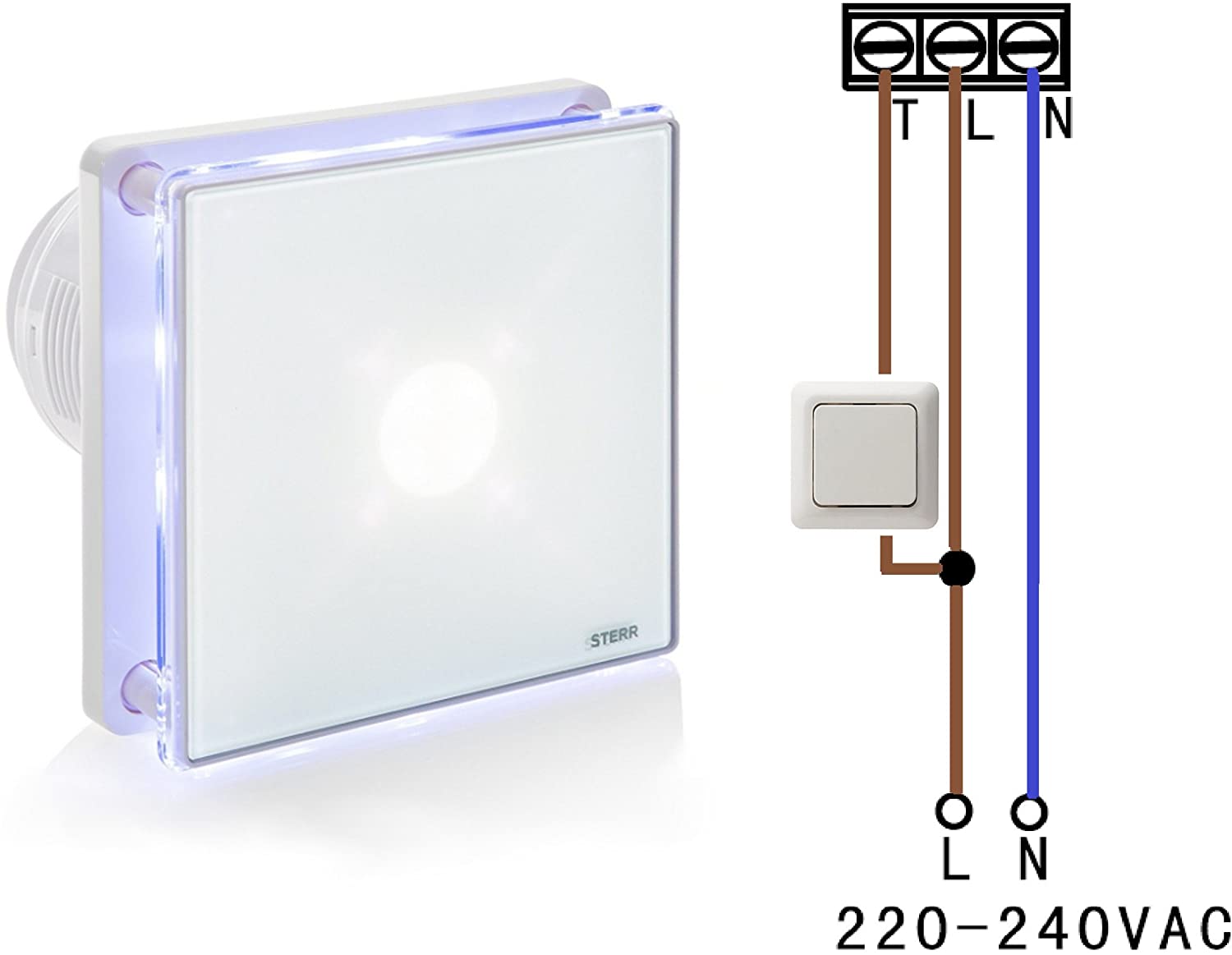 STERR White Bathroom Fan 4 inches / 100 mm with LED + TIMER - Extractor Fan - Glass Front - Modern Look - BFS100LT - 10 W - Image 4