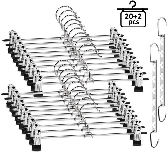ilauke Trouser Hangers, 20 Pack Skirt Hangers with Adjustable Non Slip Clips, Pants Hanger Space Saving for Trouser Skirt Pants Clothes + 2 Pack Magical Hangers …