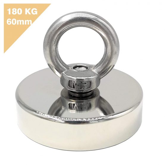Magnetpro Magnet Fishing Kit Super Power 120 KG Pulling Force Round Neodymium Eyebolt Fishing Magnet for Magnet Fishing and Salvage in River - Diameter 60MM