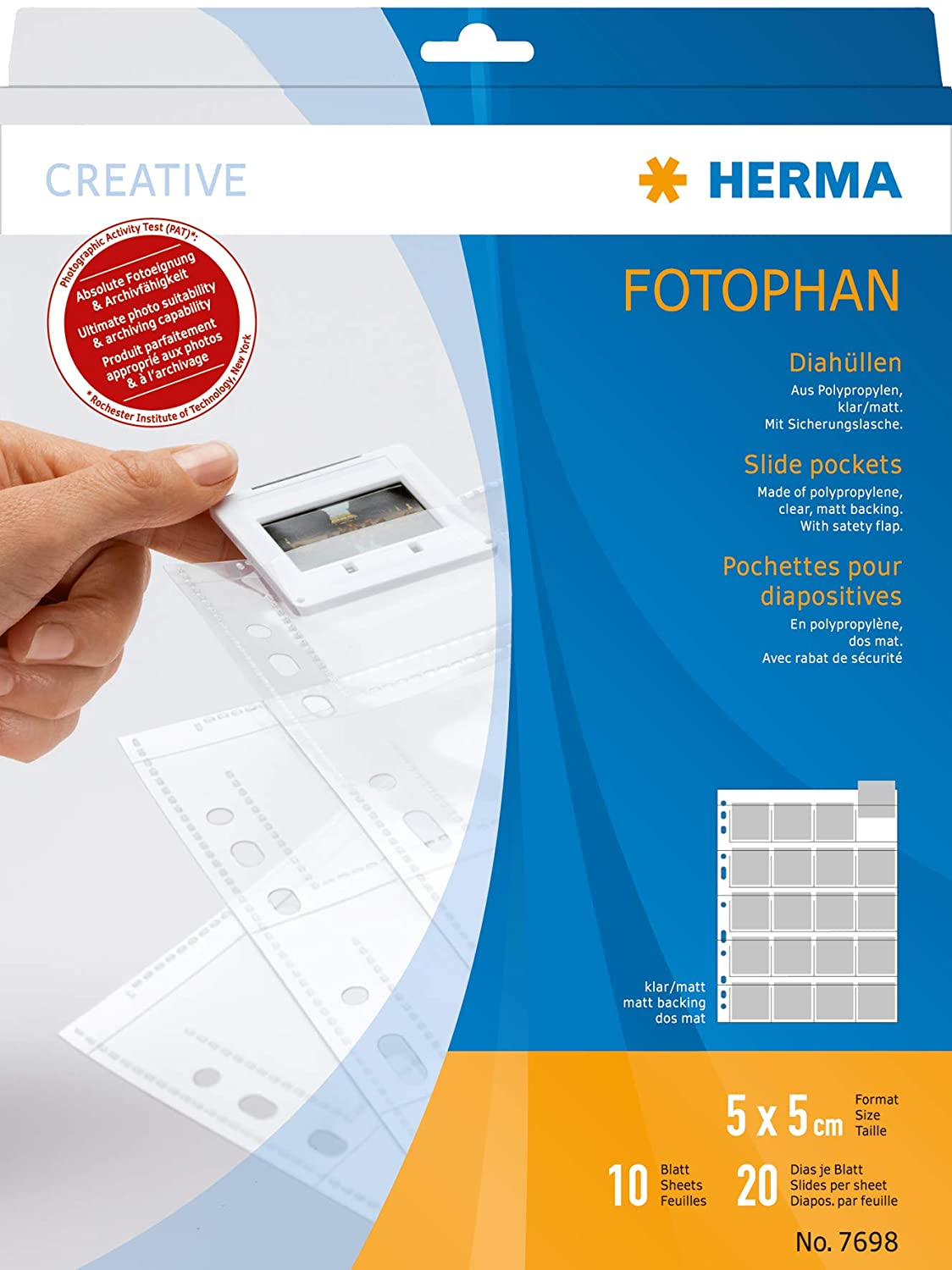HERMA 7698 Slide Sleeves for Framed Slides Pack of 10, 5 x 5 cm, 20 Compartments, Clear/Matt, Visible on Both Sides