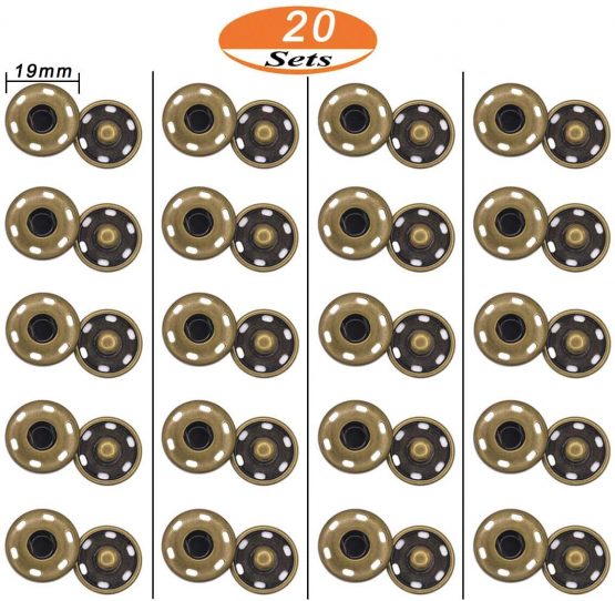 20 Sets Antique Brass Sew On Snap Fasteners Metal Snap Button Rust Proof Press Studs (19mm) - Image 2