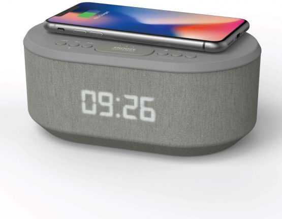 Bedside Wireless Charging Non Ticking Radio Alarm Clock with Dimmable LED Display - Mains Powered Dual Alarm Clock with USB Charger and Bluetooth Speaker