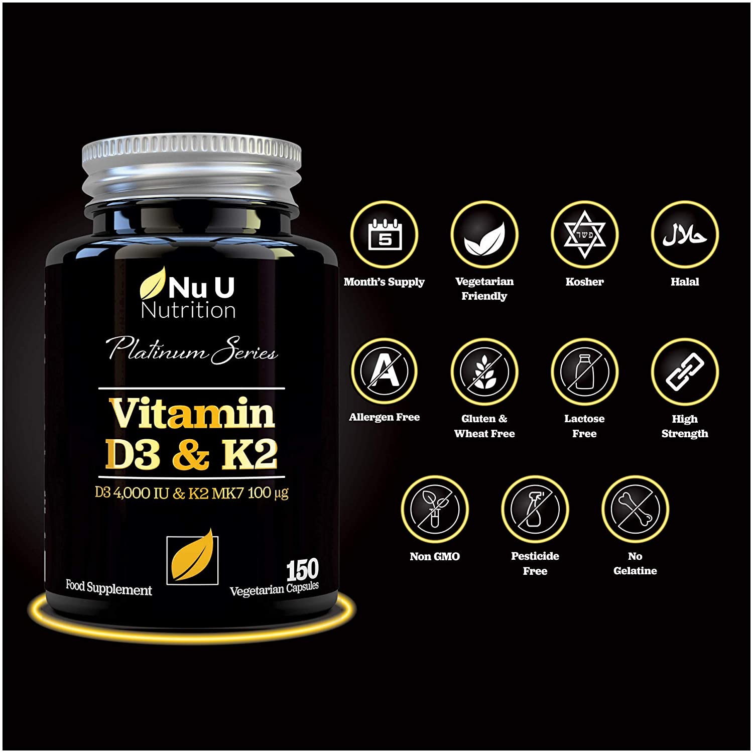 Nu U Nutrition, Vitamin D3 4000 IU and Vitamin K2 MK7 100μg, 150 Vegetarian Capsules, 5 Month Supply - Image 4