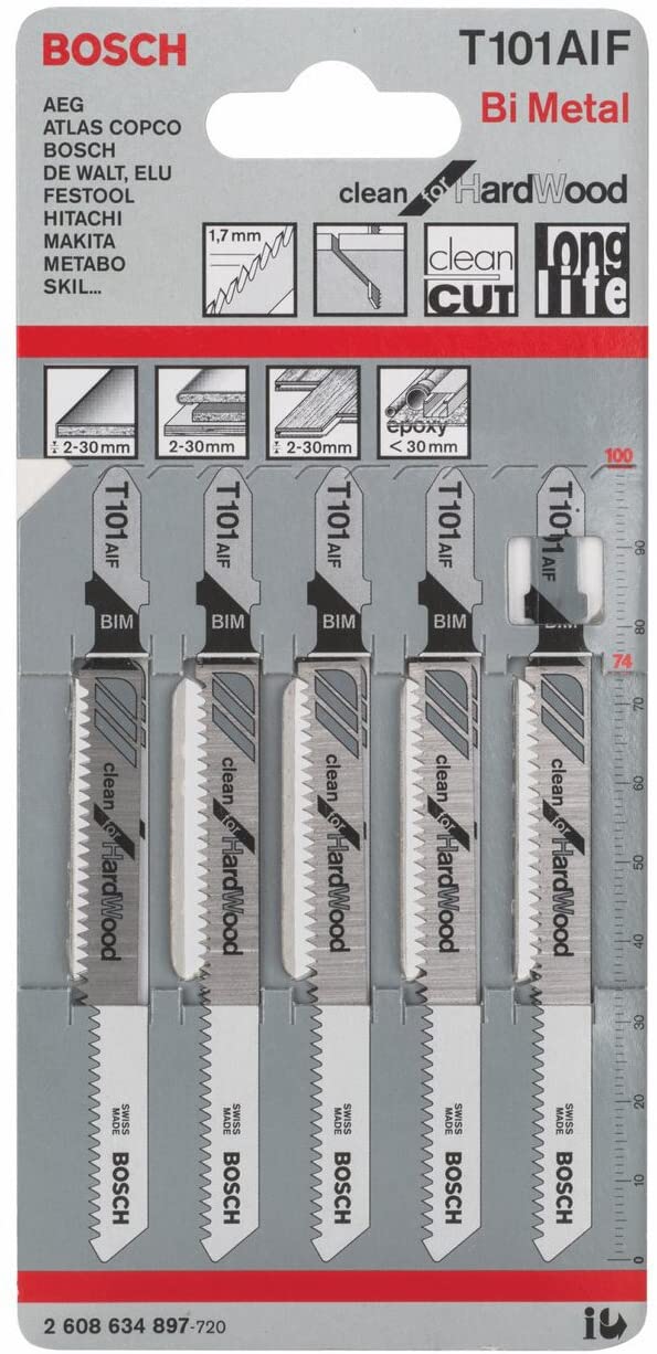 Bosch 5x PRO Hardwood clean T101AIF Jigsaw Blade (for Hardwood Multiplex board, Length 100 mm, Professional Accessory Jigsaw) - Image 2