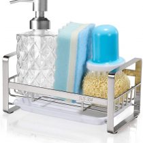 HULISEN Kitchen Soap Dispenser Caddy, 304 Stainless Steel Sponge Holder, Sink Organiser, Dish Storage Accessories with Removable Drain Tray (not Including Dispenser and Cleaning Brush)