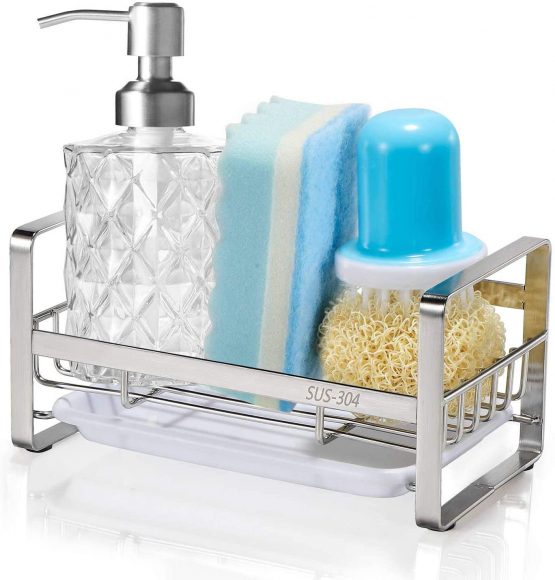HULISEN Kitchen Soap Dispenser Caddy, 304 Stainless Steel Sponge Holder, Sink Organiser, Dish Storage Accessories with Removable Drain Tray (not Including Dispenser and Cleaning Brush)