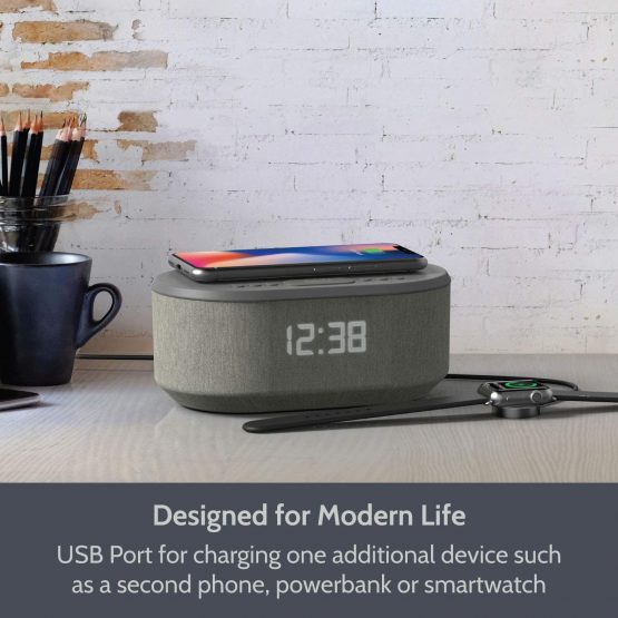 Bedside Wireless Charging Non Ticking Radio Alarm Clock with Dimmable LED Display - Mains Powered Dual Alarm Clock with USB Charger and Bluetooth Speaker - Image 3