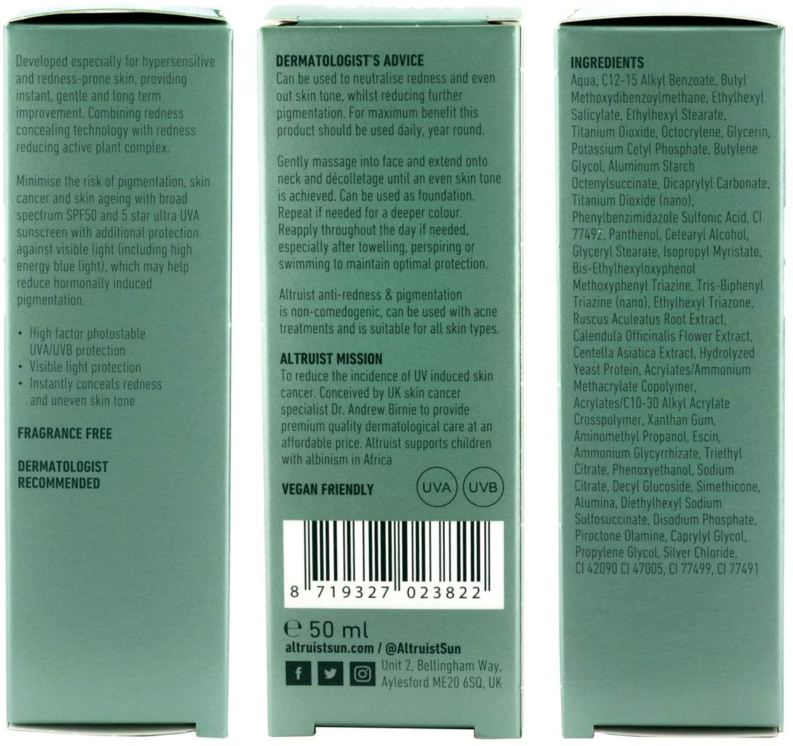 Altruist Dermatologist Anti Redness and Pigmentation SPF50 Tinted Face Cream, Unscented, 30 ml (Pack of 1) - Image 2