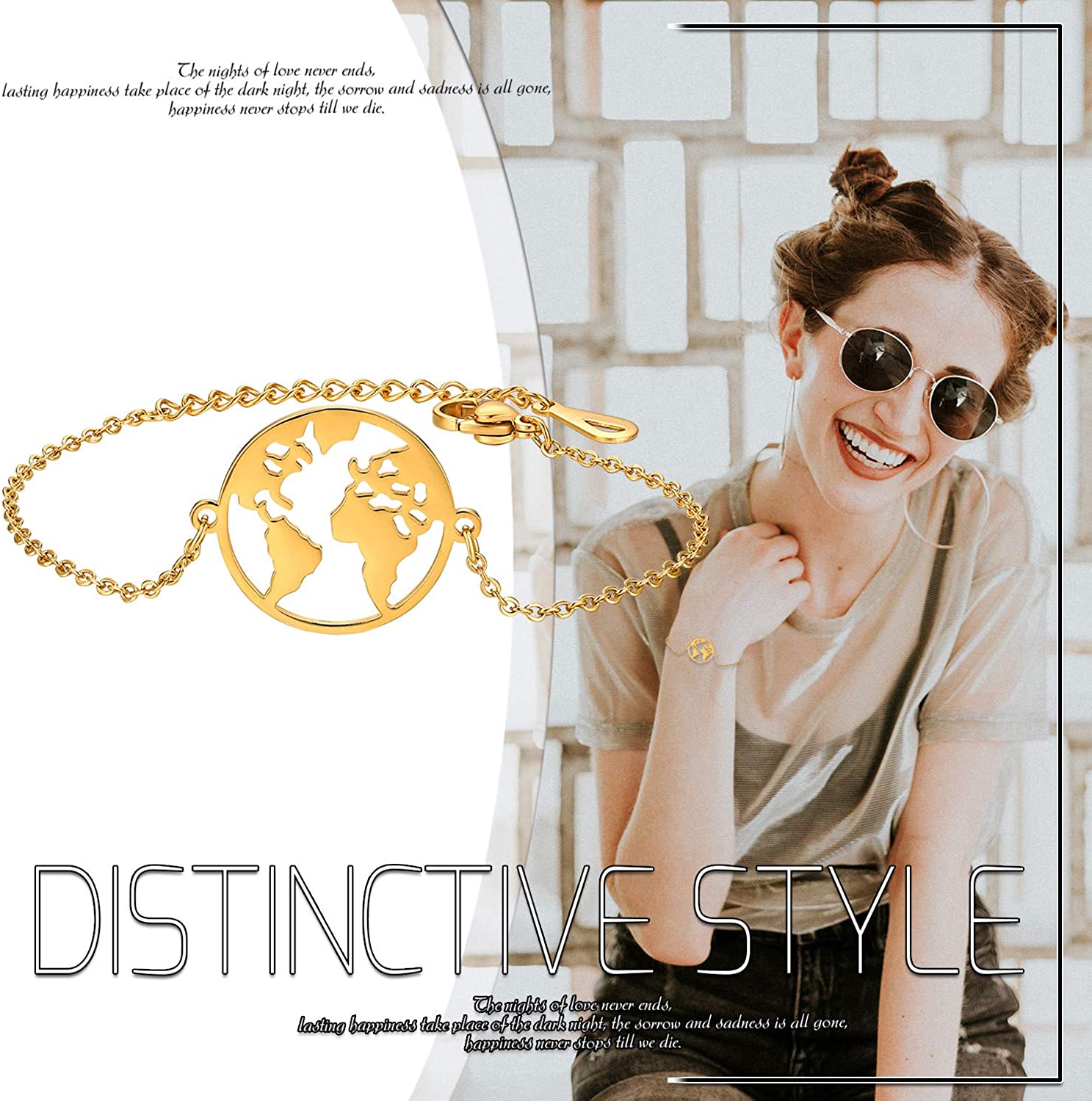 Cupimatch Adjustable Hollow World Map Bracelet Link Stainless Steel Jewelry Gift for Women Girls, Gold, 6.3 inches - Image 2