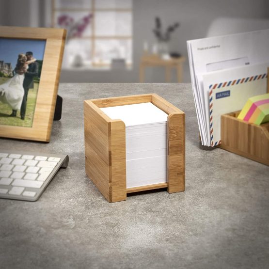 woodluv Bamboo Cube Memo Pad Dispenser Holder with Square Paper Memo Notes Pad - 10.5 x 10.5 x 10.5cm (Paper Inluded) - Image 2