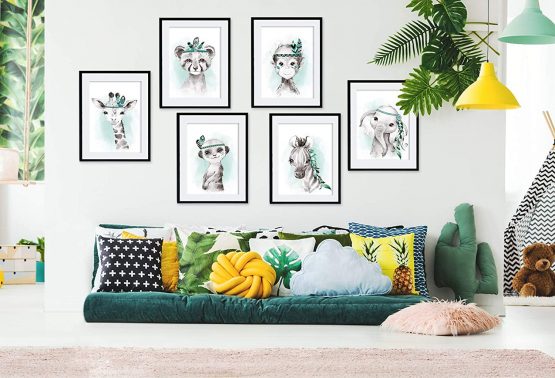 artpin® P62 Set of 6 Pictures for Child's Room Boys Girls in Mint Grey Feather - Posters Forest Jungle Baby Room Indian Animals - Image 4