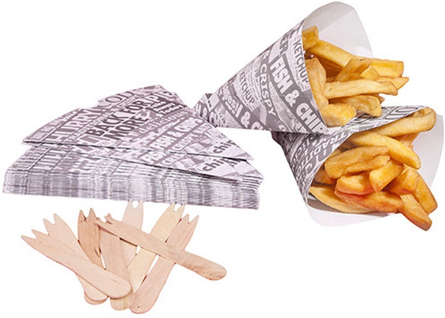 West5Products 25 Newsprint Design Food Safe Chip Shop Cones with Forks, Printed, 20cm - Image 3