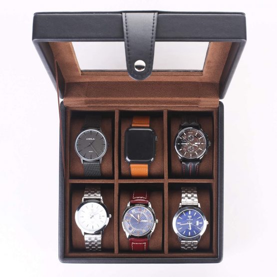 SHYOSUCCE 6 Slots Watches Storage Box with Clear Glass Window, Removable Velvet Pillow, PU Leather Watches Display Box, Black(7.7x7.7x3.7 Inch) - Image 2
