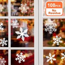 NOCHME Snowflake Window Stickers, 108 PCS Static Snow Flakes Window Clings for Glass Door, Christmas Snowflakes Window Display Decorations, Static PVC Stickers, White