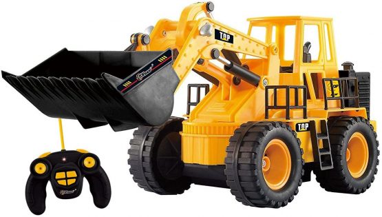 Top Race Remote Control RC Construction Bulldozer Toy Tractor Truck Front Loader Excavator Vehicle 5 Channel Full Functional Radio Controlled Toys Digger for Kids Boys Ages 3+ Lights & Sounds Tr-113, Orangeyellow
