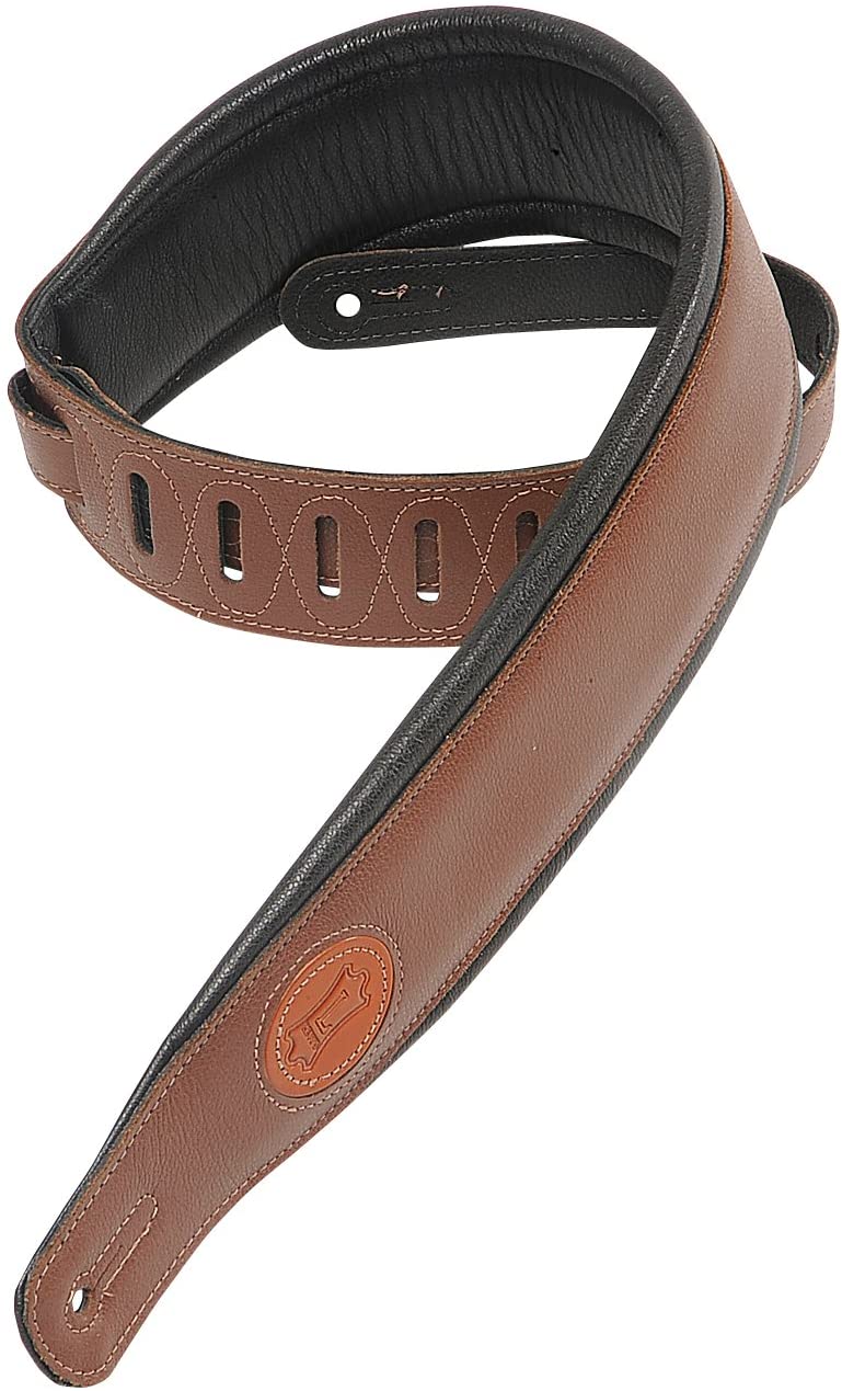 Levy's MSS2-BRN 2.5 inch Padded Guitar Straps with Garment Leather Back and Signature Logo - Brown