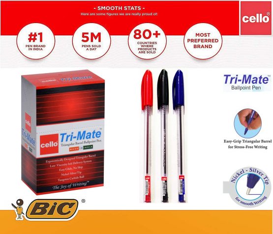 Cello Original Tri-Mate Ballpoint Pens Medium Point 1.0 mm Biros – Black Pens Pack of 50 Smooth Writing (PACKAGING MAY VARY) - Image 2