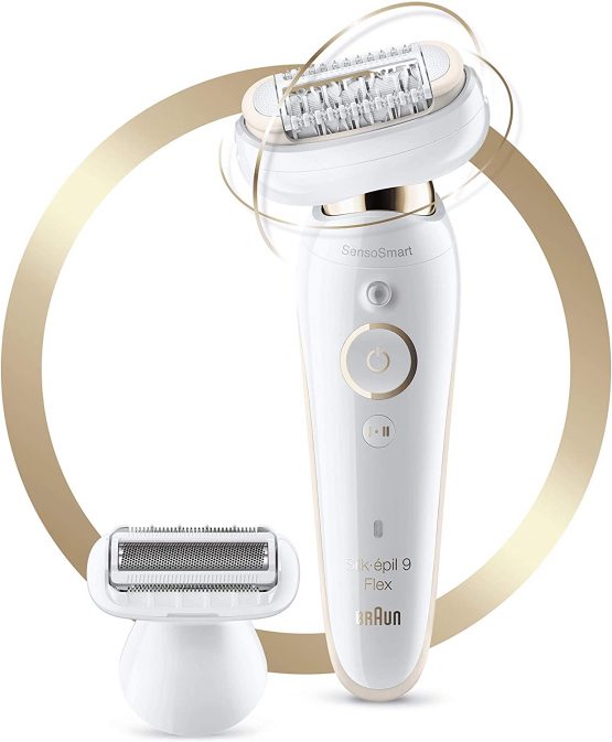 Braun Silk-épil 9 Flex Epilator, Hair Removal, With Additional Shaver & Trimmer Head For Extra Sensitive Areas, Wet & Dry, 100% Waterproof, 9-002, White/Gold