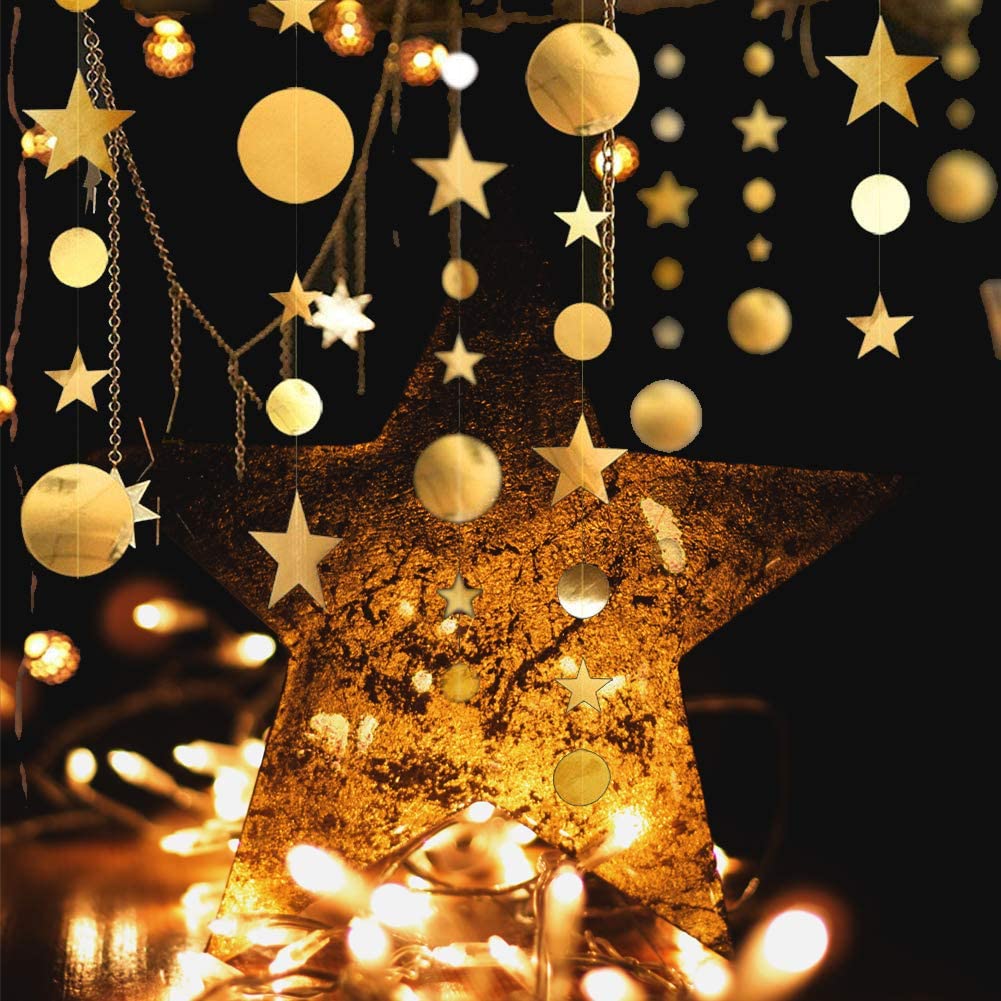 QincLing 78.7 Feet Metallic Gold Twinkle Little Star Party Garlands Kit Star and Circle Dot Garland Party Decoration Matt Gross Big Paper Circle Garland Bunting Banner Decorations - Image 4