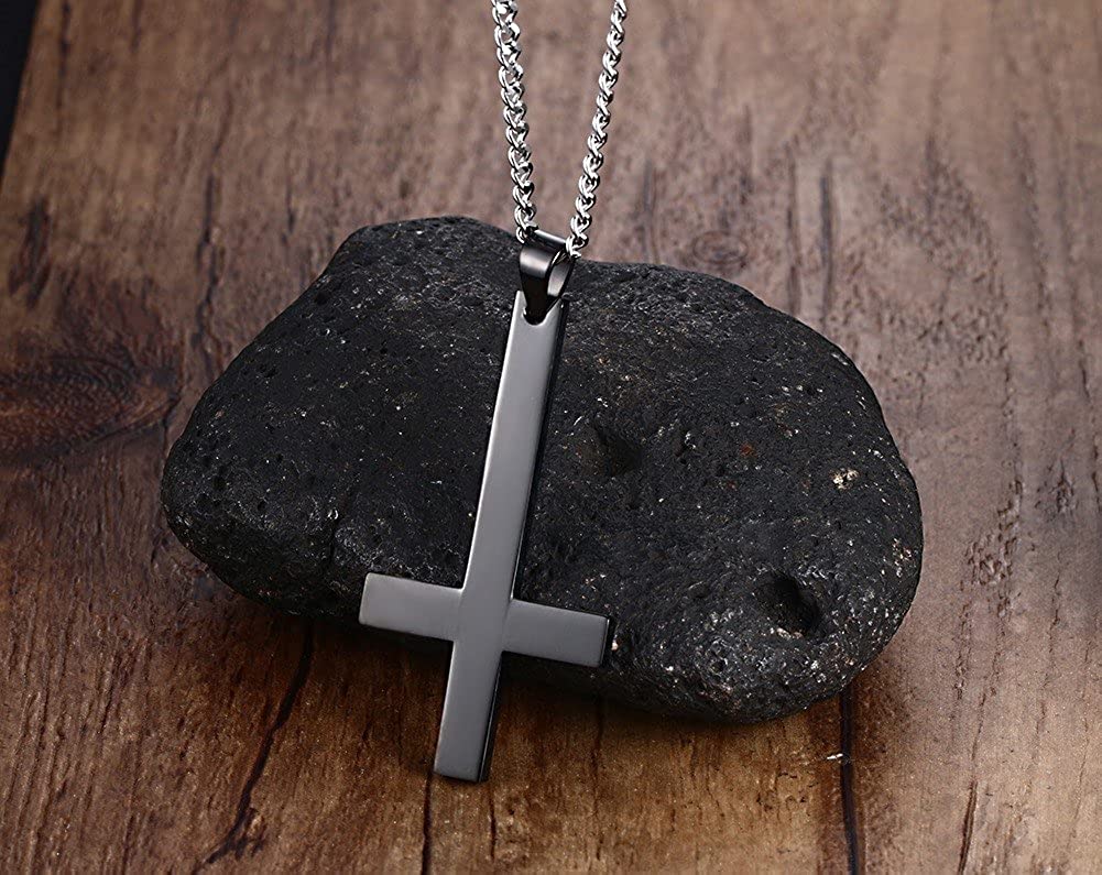VNOX Men's Women's Stainless Steel Inverted Upside Down Cross Necklace Pendant with Cuban Chain Black,60cm - Image 4