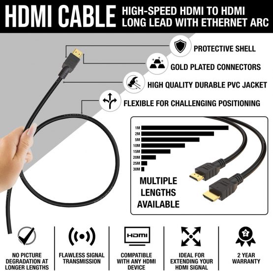 15M HDMI Cable v1.4 by True HQ™ | HIGH SPEED Long Lead with Ethernet ARC 3D | Full HD 1080P PS4 Xbox One Sky HD TV Laptop PC Monitor CCTV | Black & Gold Plated - Image 3