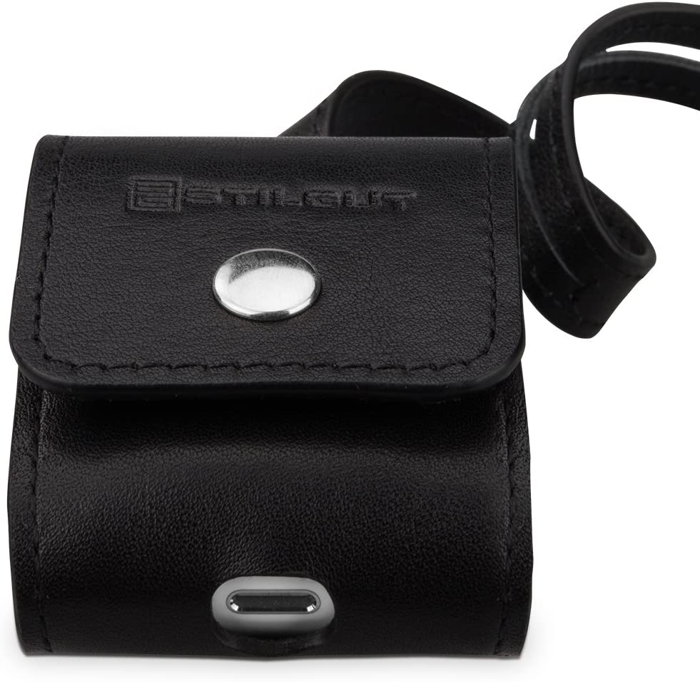StilGut Leather Case with Leather Strap Compatible with AirPods Earphones, Black Nappa, Black Nappa - leather Strap - Image 4