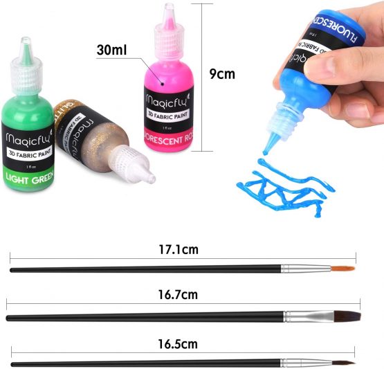 Magicfly 24 Colors 3D Fabric Paints Puffy Paints, Permanent Textile Painting with Fluorescent