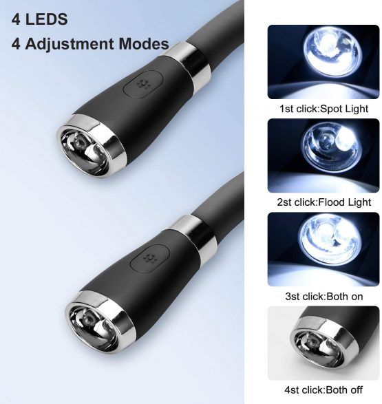 SingHong Neck Book Light LED Reading Lamp USB Rechargeable, Hands Free, 4 LED Bulbs, 4 Adjustable Brightness, for Reading in Bed or Reading in Car Lamp (Black) - Image 4