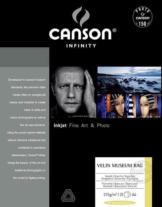Canson Infinity Velin Museum Rag 315gsm, natural white matte inkjet paper, A4 , box of 25 sheets