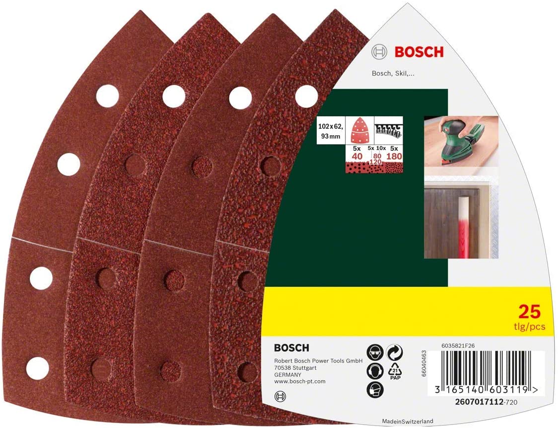 Bosch 25 pcs. Sanding Sheet Set (for Wood Body Fillers, Paint, Varnish, Grit 40/80/120/180, 11 Holes, 102 x 62.93 mm