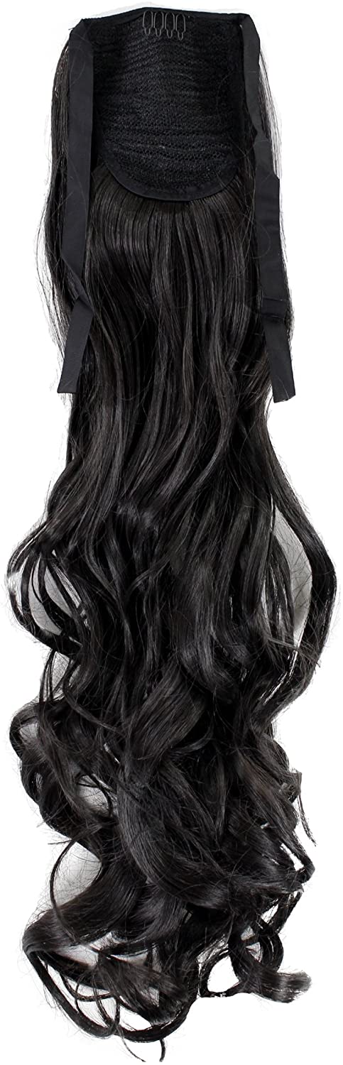 Hairpiece PONYTAIL (comb & ribbon wrap-around system) extension pigtail very long (24 inches) slightly CURLED wavy DARK BROWN YZF-1094HT-3 - Image 2