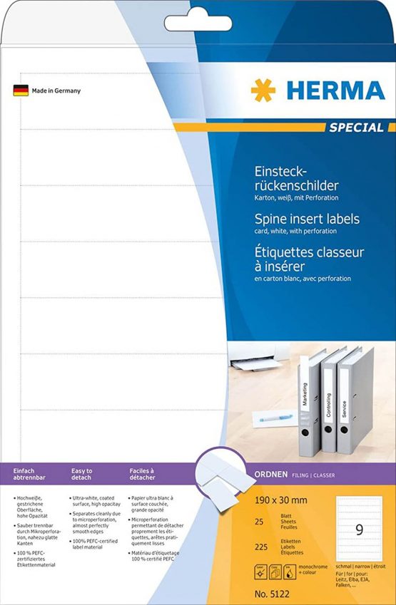 HERMA Printable Lever Arch File Inserts, 9 Inserts Per A4 Sheet, 225 Inserts For Laser And Inkjet Printers, 190 x 30 mm (5122), White - Image 2