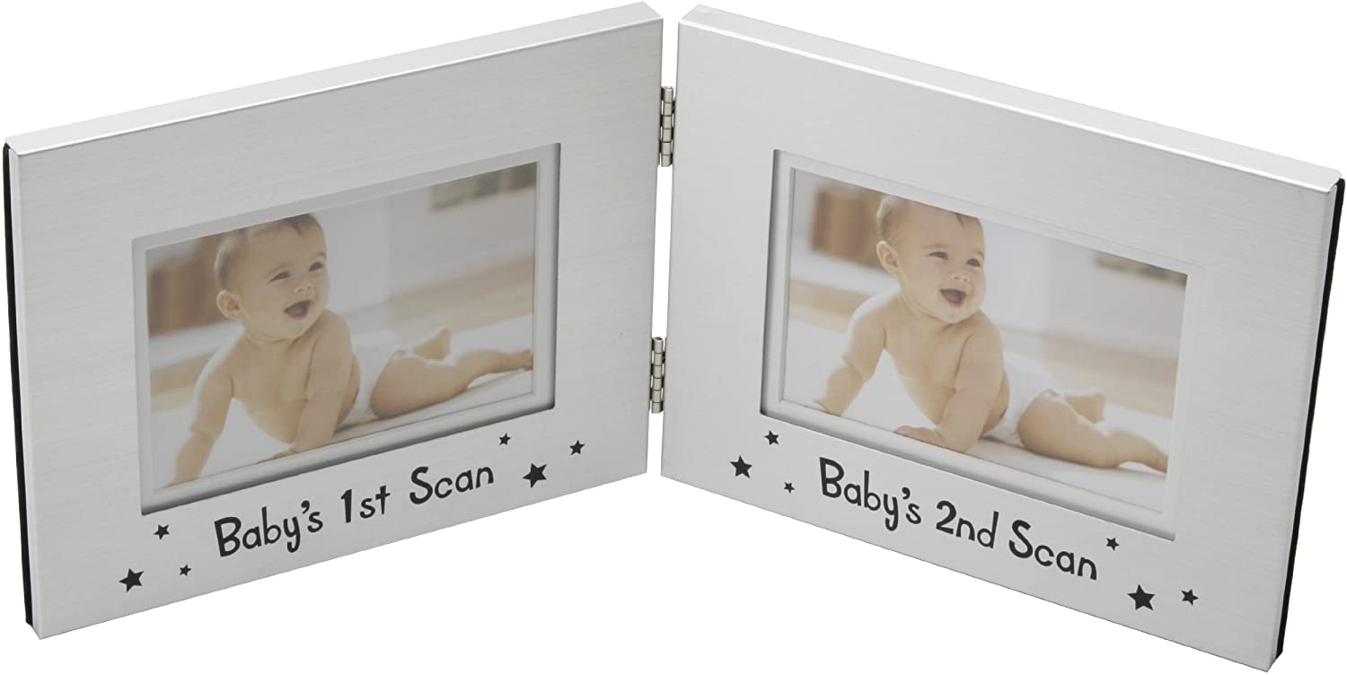Aluminium Double Photo Frame 4"x2.5" Baby's 1st & 2nd Scan Sonogram Picture Baby CG737, silver, 5.25" x 13"