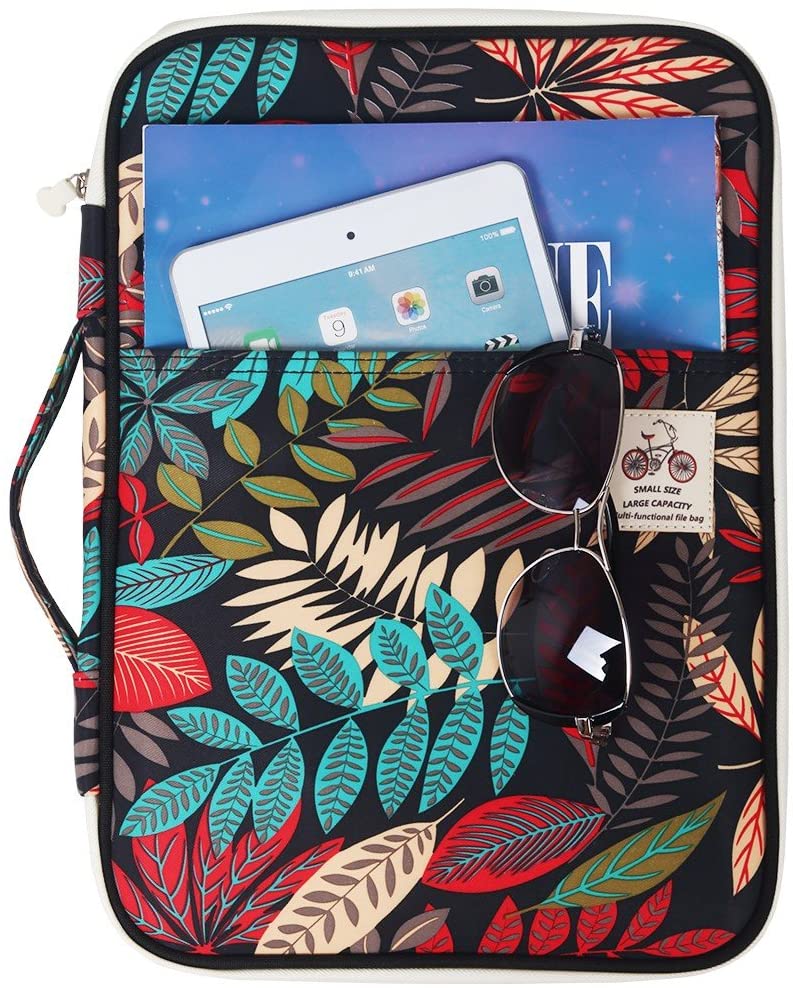 JAKAGO Portable Portfolio A4 Folder Waterproof Document Case Passport Holder Kindle Ipad Notepad Carrying Case with Zip and Handles for Travel Meeting Business Office Holiday (Leaf) - Image 3