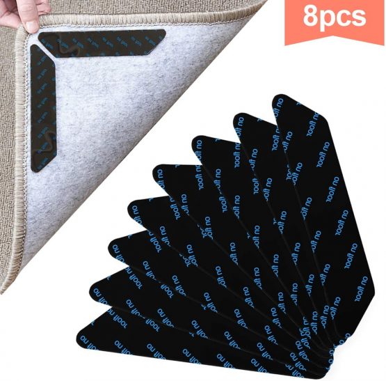 Dokpav 8 Pcs Rug Gripper for Wooden Floors, Reusable Non Slip Rug Underlay Double Side Anti Curling Rug Grip for Hard Floors, Carpet Rug Stickers Anti Slip Rug Grip Tapes to Keep Rug in Places (Black)