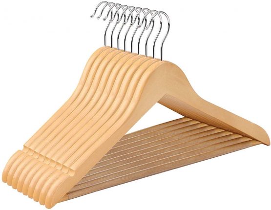 SONGMICS 10 pieces Wooden Clothes Hangers, edges with Non-Slip bar 360 Degree Rotating Hook CRW001-10,Natural,10